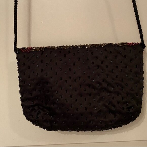 VINTAGE HANDMADE BAG CROSSBODY SHOULDER BEADED BLACK BROWN GOLD RED LONG STRAP - Picture 9 of 14